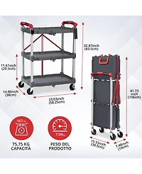 homfan 3 Tier Bar Cart, 23 Inch Collapsible Rolling Service Cart with Locking Wheels for Kitchen or Pantry