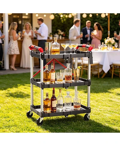 homfan 3 Tier Bar Cart, 23 Inch Collapsible Rolling Service Cart with Locking Wheels for Kitchen or Pantry