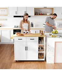 homfan Rolling Kitchen Island Cart, 43 Inch White Wood Bar Cart with Drop Leaf and Locking Wheels for Dining Room or Kitchen