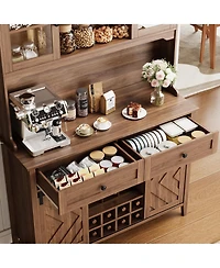 homfan 72" Farmhouse Bar Cabinet with Sliding Barn Doors, Hutch, 2 Drawers, 8 Shelves and Charging Station, Rustic Coffee for Dining Room