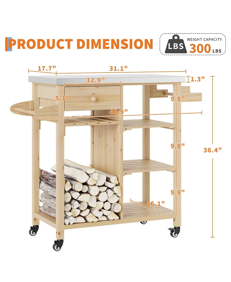 homfan Portable Bar Cart, 41 Inch Wood Kitchen Island with Stainless Steel Top and Locking Wheels for Patio