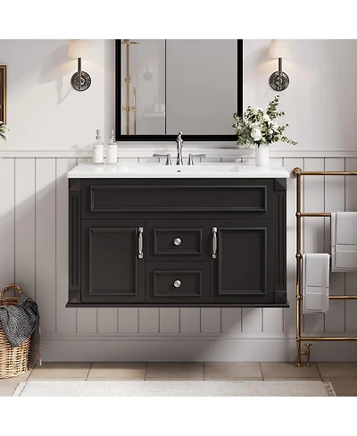 Sillysis 36 Inch Floating Bathroom Vanity with Ceramic Sink, Wall Mounted Modern Cabinet, Soft Close Drawers, French Vintage Style