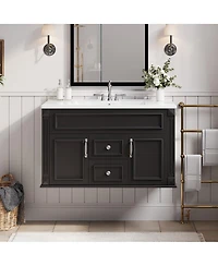 Sillysis 36 Inch Floating Bathroom Vanity with Ceramic Sink, Wall Mounted Modern Cabinet, Soft Close Drawers, French Vintage Style