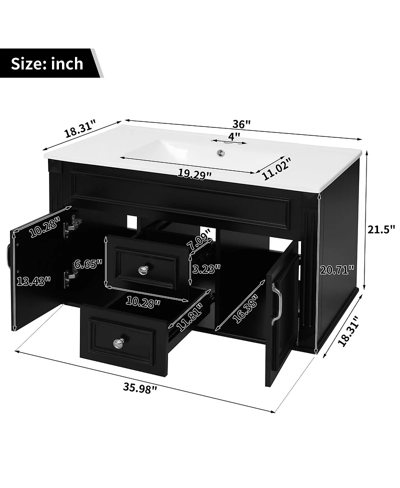 Sillysis 36 Inch Floating Bathroom Vanity with Ceramic Sink, Wall Mounted Modern Cabinet, Soft Close Drawers, French Vintage Style