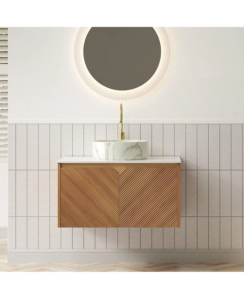Sillysis Floating Bathroom Vanity with Ceramic Vessel Sink, Carrara Sintered Stone Top, Solid Wood Door