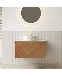 Sillysis Floating Bathroom Vanity with Ceramic Vessel Sink, Carrara Sintered Stone Top, Solid Wood Door