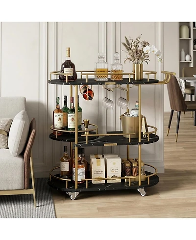 homfan Modern Bar Cart with Wine Rack, Glass Holder and 4-Tier Storage Shelves, Mobile Serving on Wheels for Kitchen or Dining Room