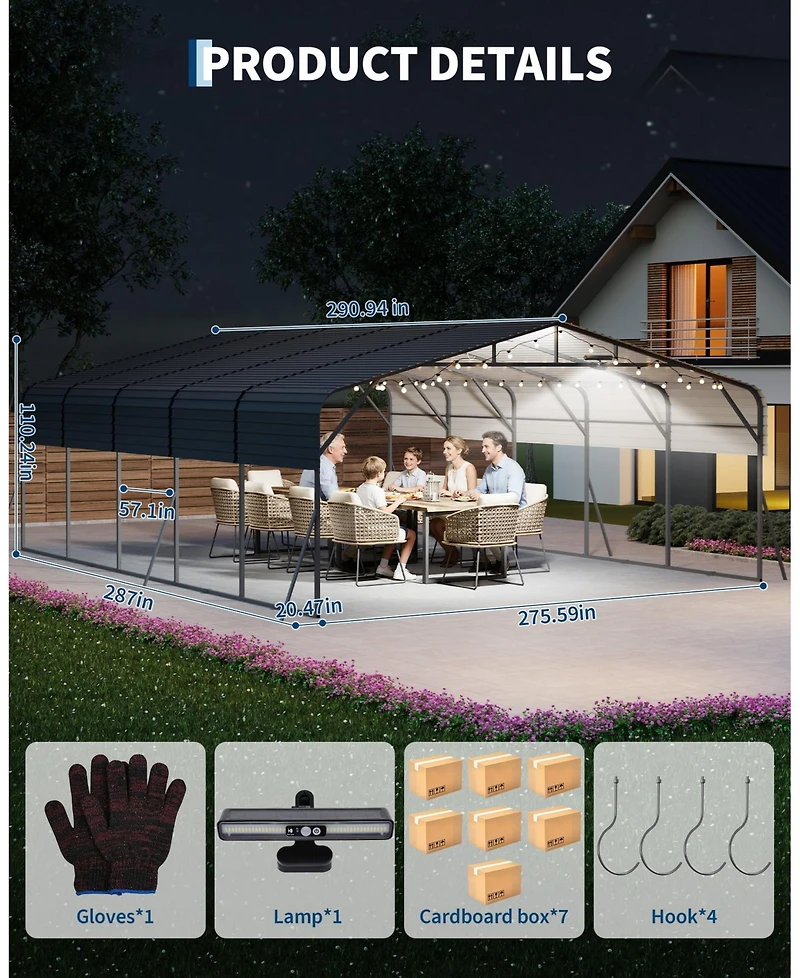 homfan Hardtop Steel Carport with Solar Light, Heavy Duty Metal Vehicle Shelter for Cars Trucks Boats Patio Driveway