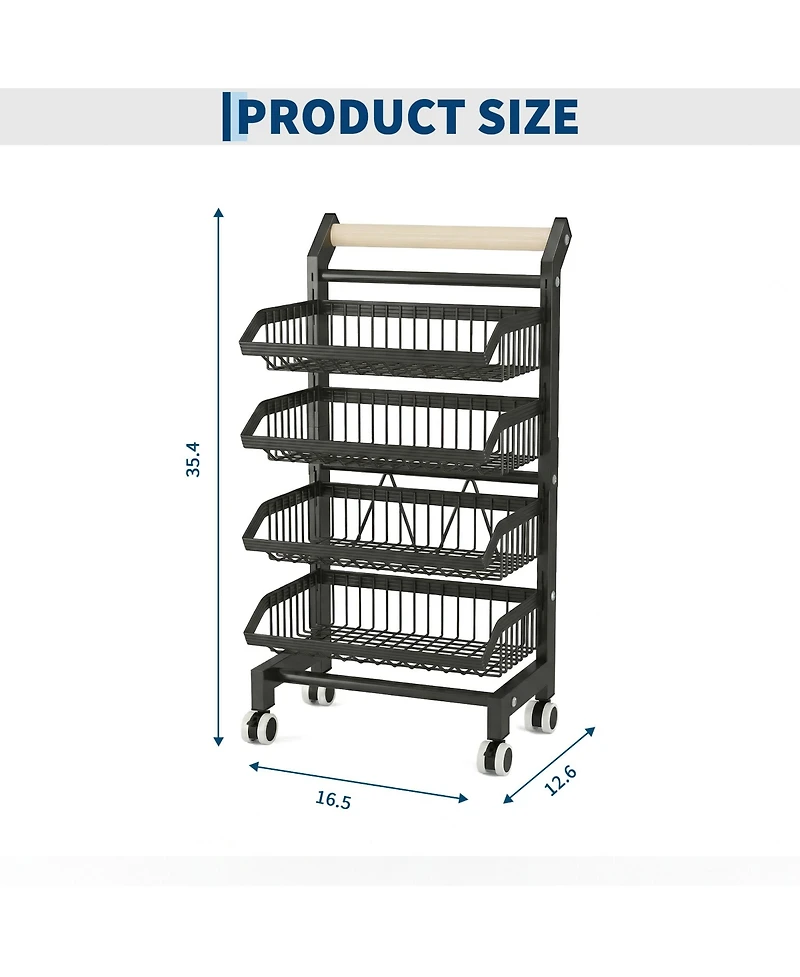 homfan 3 Tier Bar Cart, 32 Inch Foldable Carbon Steel Rolling Storage Cart with Locking Wheels for Kitchen or Pantry