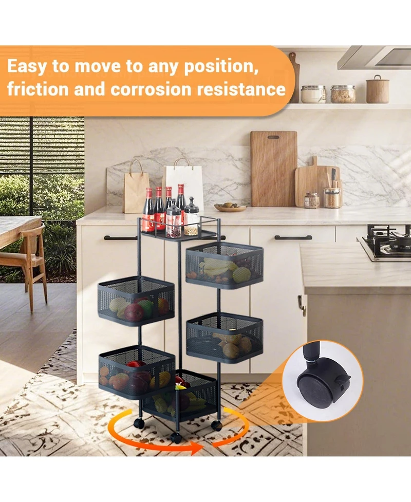 homfan 5 Tier Bar Cart, 38 Inch Metal Mesh Rolling Storage Cart with Rotating Baskets and Locking Wheels for Kitchen or Pantry