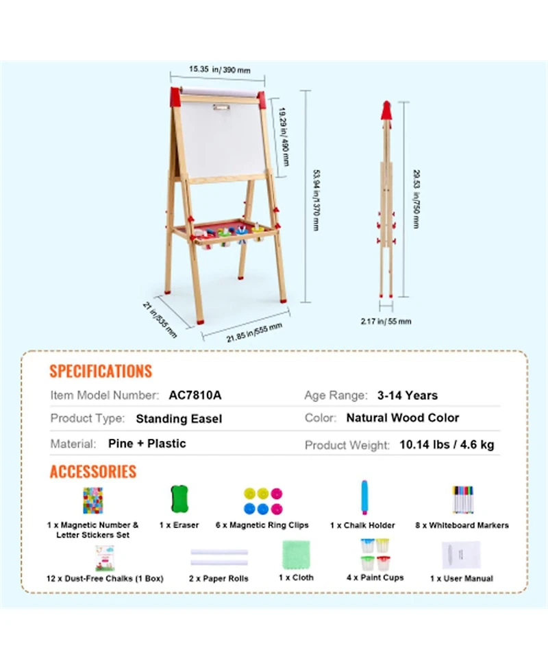 Yobtop 3-in-1 Kids Art Easel, Double-Sided Wooden Magnetic Whiteboard Chalkboard,Adjustable Height for 3-14