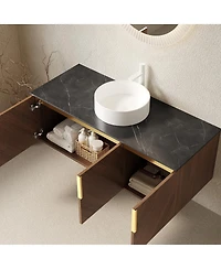 Sillysis Floating Bathroom Vanity Cabinet with Ceramic Vessel Sink, Sintered Stone Countertop, Large Storage