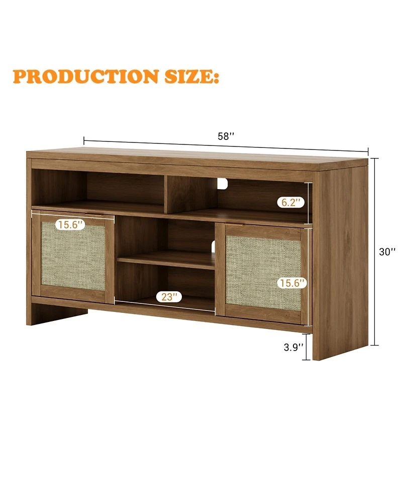 homfan 2 Pieces Boho Tv Stand for 65 in, 58inch Rattan Entertainment Center with Storage, Adjustable Shelves and Doors for Living Room
