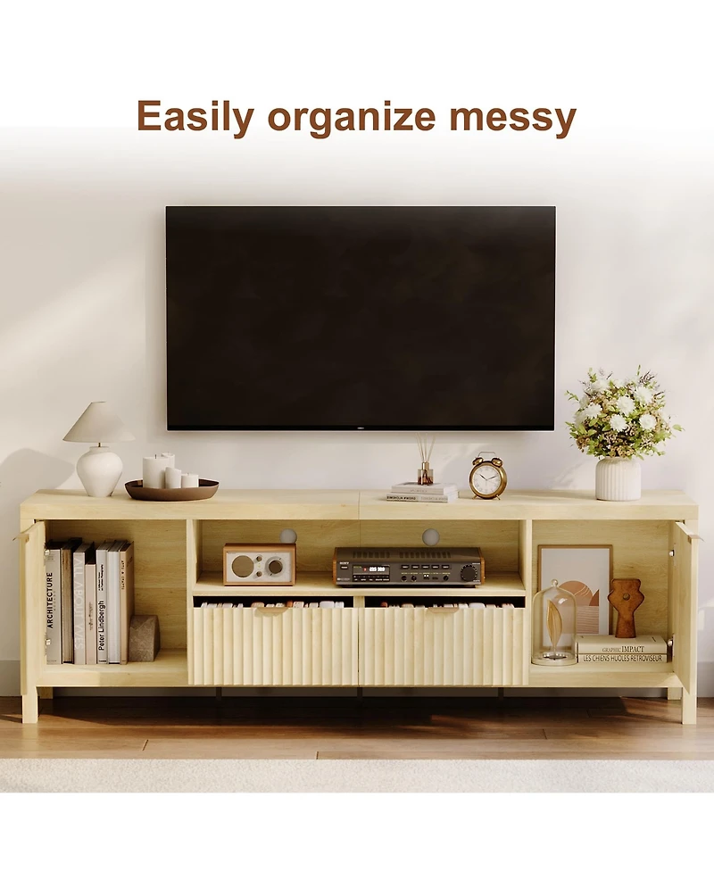 homfan Fluted Tv Stand for 65/75 inches TVs, Mid Century Modern Tv Stand with 2 Cabinet Storage, Tv Console for Living Room, Bedroom