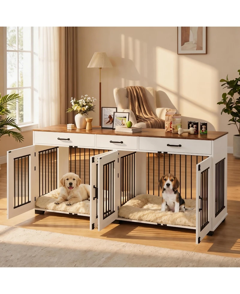 homfan 71-Inch Dog Crate Tv Stand with 3 Drawers, Large Media Console Kennel with Divider for 2 Dogs, Indoor Wooden Tv Stand