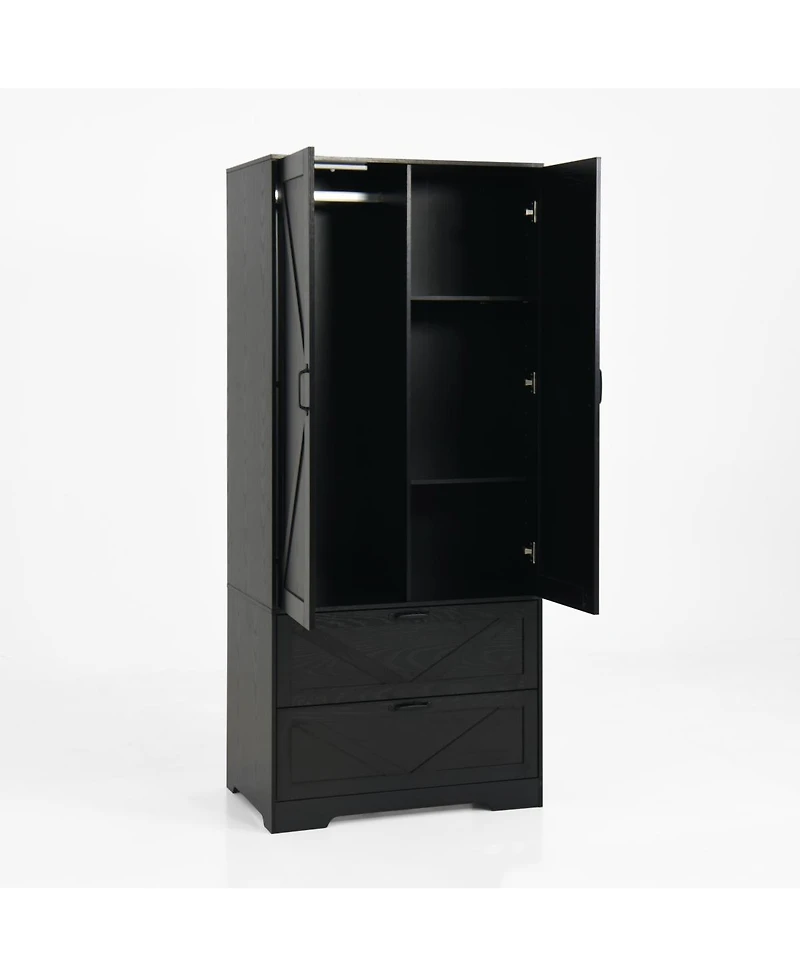 Streamdale Furniture 2-Door Wood Wardrobe with Hanging Rod 2 Drawers Mirror and Induction Light