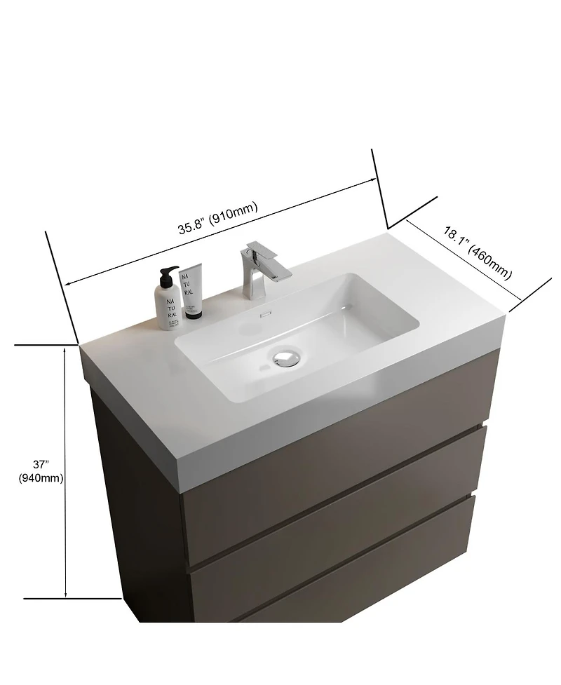 Sillysis Modern Freestanding Bathroom Vanity with Stone Sink, Soft Close Drawers, Handle-Free Storage Cabinet, Pre-assembled
