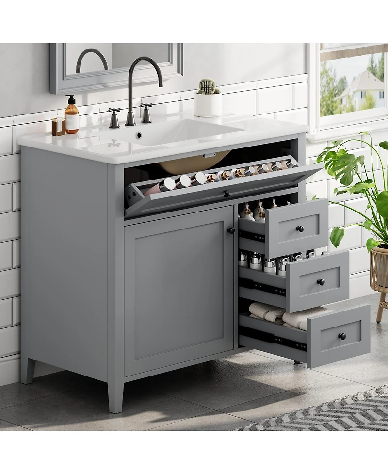 Sillysis 36 Inch Modern Bathroom Vanity with Ceramic Sink, Storage Cabinet, Solid Wood Legs and Adjustable Shelves