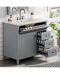 Sillysis 36 Inch Modern Bathroom Vanity with Ceramic Sink, Storage Cabinet, Solid Wood Legs and Adjustable Shelves