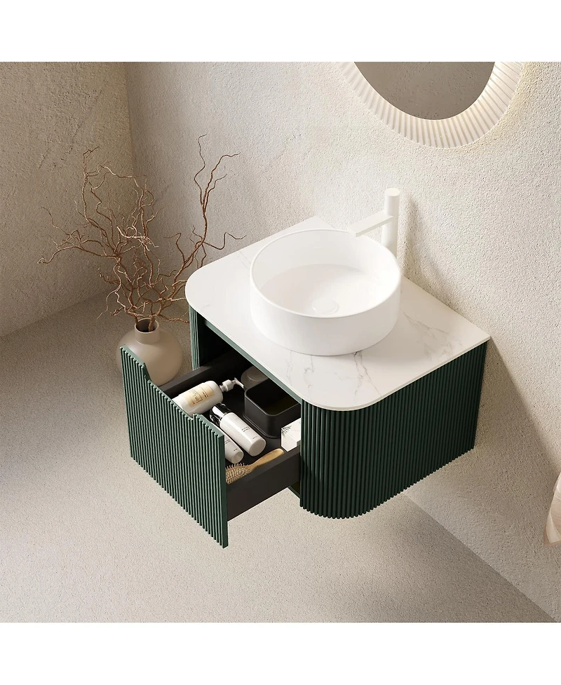 Sillysis Wall-Mounted Bathroom Vanity with Ceramic Sink, Sintered Stone Top, Soft Close Drawer