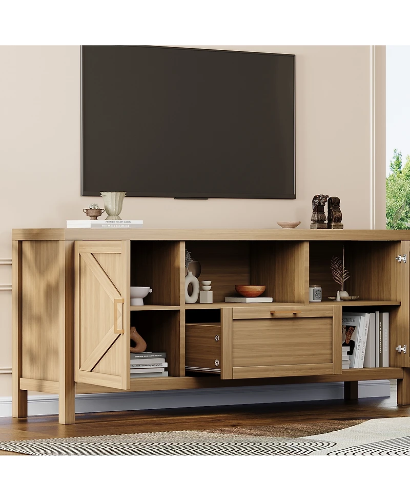 homfan Farmhouse 65 Inch Tv Stand, Engineered Wood Entertainment Center with Gold Metal Handles, Multi-Storage Rustic Media Console