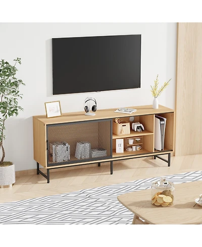 homfan Modern Industrial Tv Stand for 65 Inch Tv, 63inch Unit with Sliding Metal Mesh Doors, Ample Storage, Cable Management, Metal Legs