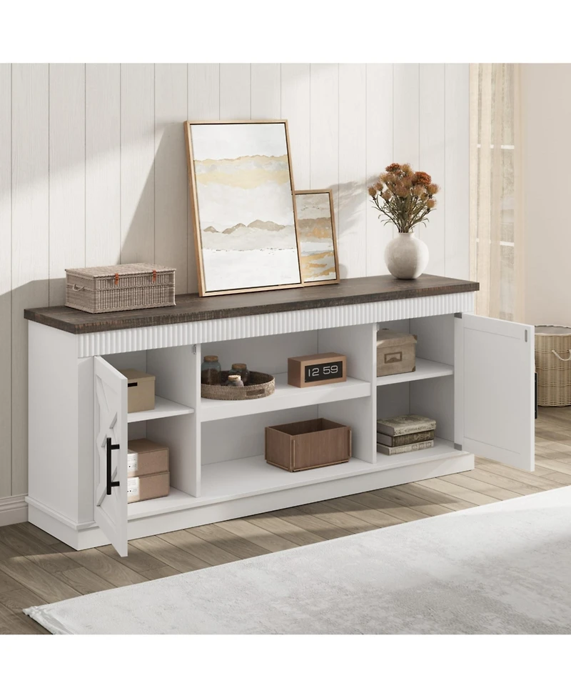 homfan Farmhouse Tv Stand, 65inch Console Table for 65-70 Inch TVs, Fluted Design, 2 Doors and Open Shelves, Versatile Media Table for Living Room