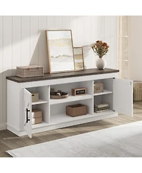 homfan Farmhouse Tv Stand, 65inch Console Table for 65-70 Inch TVs, Fluted Design, 2 Doors and Open Shelves, Versatile Media Table for Living Room