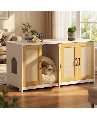 homfan Large Cat Litter Box Enclosure for 2 Cats, Hidden Double Room Cat Furniture Cabinet, Wooden Pet House with Sliding Trays, Ventilated Tv Stand