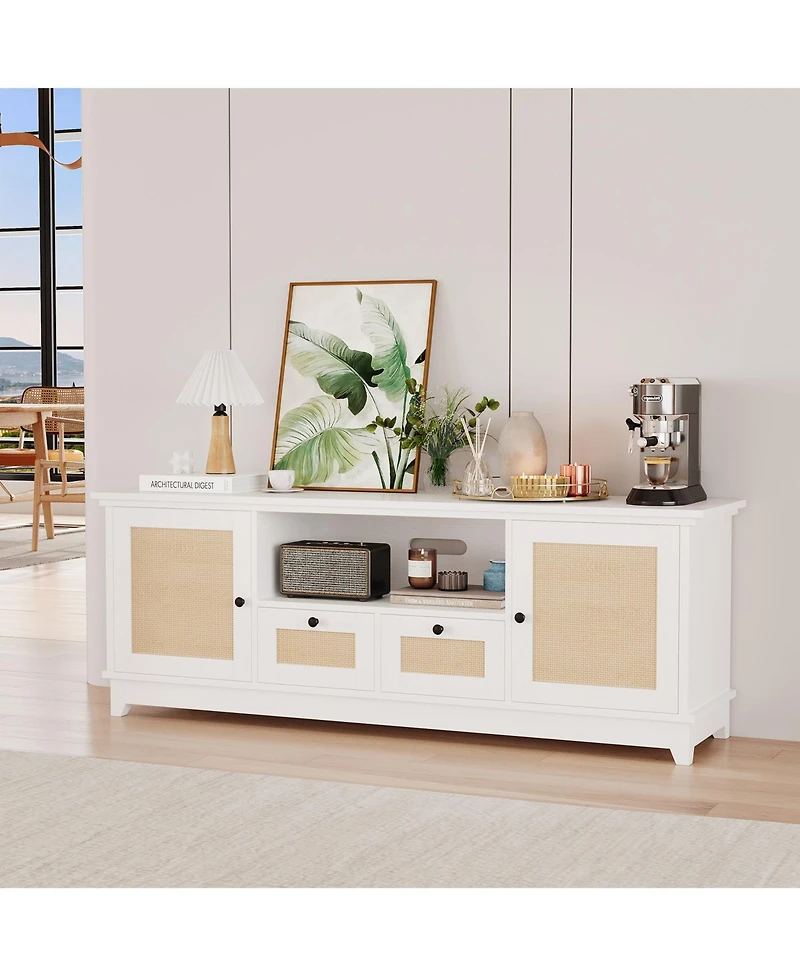 homfan Modern Rattan Entertainment Console, Engineered Wood Tv Stand with Metal Handles, Multi-Functional Storage Media Cabinet
