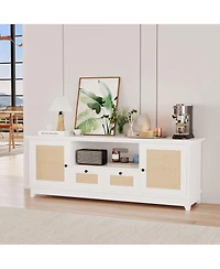 homfan Modern Rattan Entertainment Console, Engineered Wood Tv Stand with Metal Handles, Multi-Functional Storage Media Cabinet