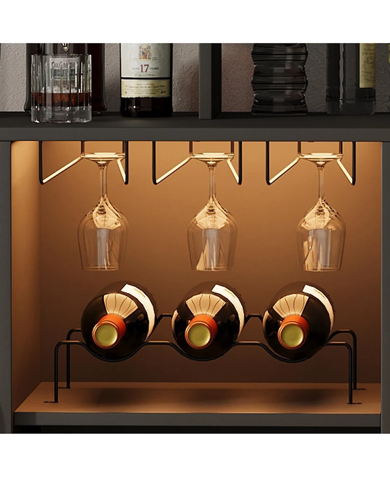 homfan Led Wine Cabinet with Glass Display, Freestanding Bar Cabinet with Storage Shelves for Dining Room Living Room Kitchen