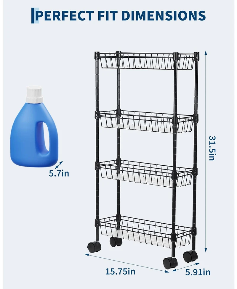 homfan 4 Tier Bar Cart, 32 Inch Tall Slim Metal Rolling Storage Cart with Adjustable Shelves and Wheels for Kitchen or Pantry