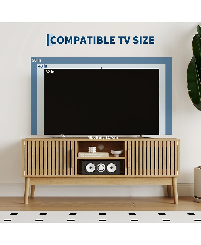 homfan Boho Tv Stand for Living Room, Modern Entertainment Center for TVs Up to 50 Inch, Television Console with Fluted Door Storage Cabinet