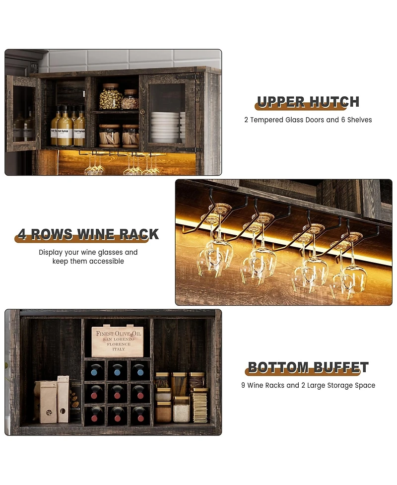 homfan Farmhouse Coffee Bar Cabinet with Led Lights and Power Outlets - Barn Door Buffet with Wine Storage for Kitchen Dining Room