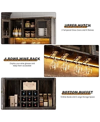 homfan Farmhouse Coffee Bar Cabinet with Led Lights and Power Outlets - Barn Door Buffet with Wine Storage for Kitchen Dining Room