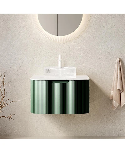 Sillysis Wall-Mounted Bathroom Vanity with Crystal Glass Sink, Sintered Stone Top, Soft Close Drawer