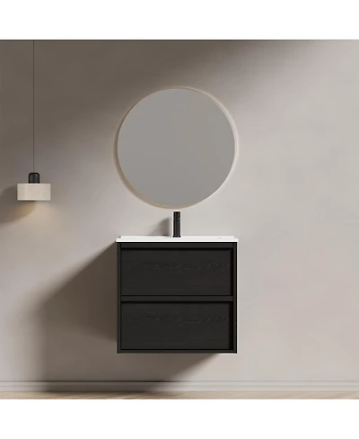 Sillysis Wall Mounted Bathroom Vanity with Ceramic Sink, Soft Close Drawers, Floating Black Cabinet
