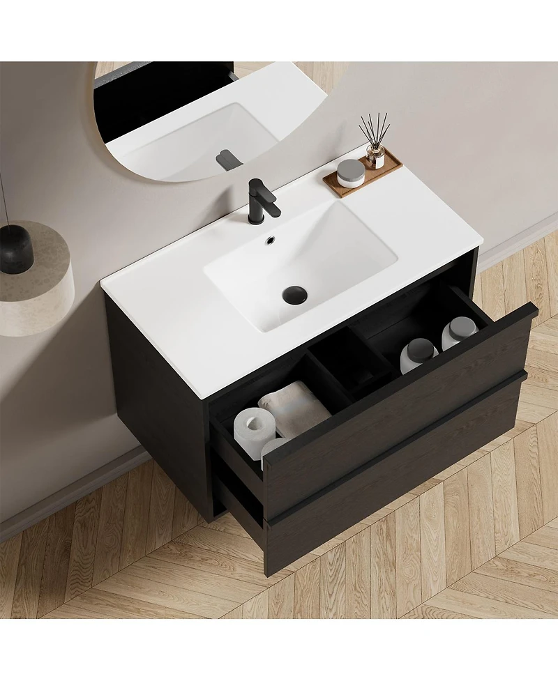 Sillysis Wall Mounted Bathroom Vanity with Ceramic Sink, Soft Close Drawers, Floating Black Cabinet
