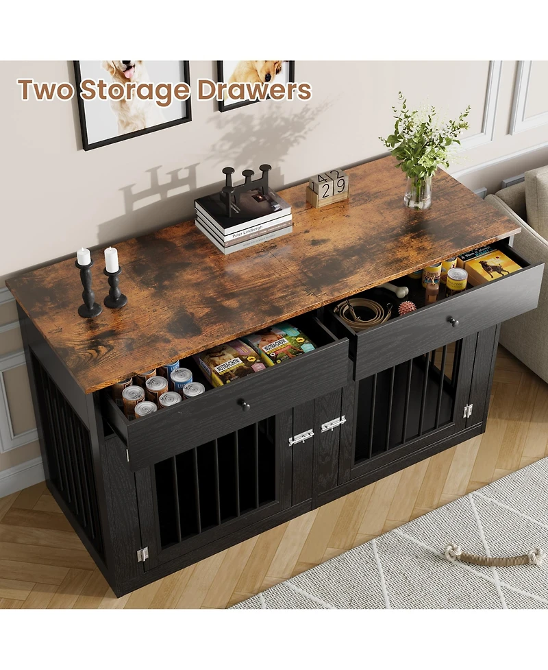 homfan Dog Crate Tv Stand, Heavy Duty Pet Kennel Furniture with 2 Drawers, Indoor Cage End Table for Small to Medium Dogs