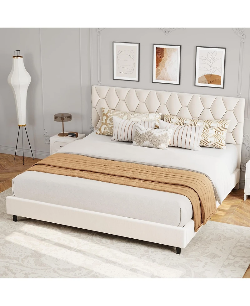 homfan Modern Upholstered Platform Bed Frame with Adjustable Headboard, Heavy Wood Slats, Sturdy Support, No Box Spring Needed, Easy Assembly