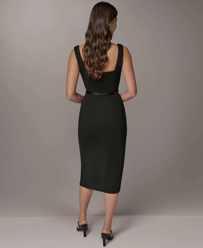 Donna Karan New York Women's Sleeveless Asymmetrical Neck Midi Sheath Dress with Belt