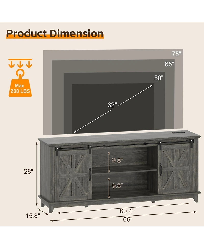 homfan Modern Farmhouse Tv Stand for 75 Inch Tv, 66 Entertainment Center, Sliding Barn Doors, Storage Cabinets and Media Console Table