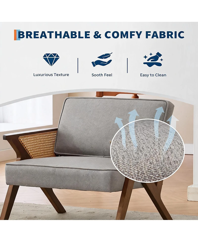 homfan Mid-Century Modern Accent Chair, Linen Upholstered Armchair with Rubberwood Frame and Soft Cushion, Lounge Chair for Living Room, Bedroom