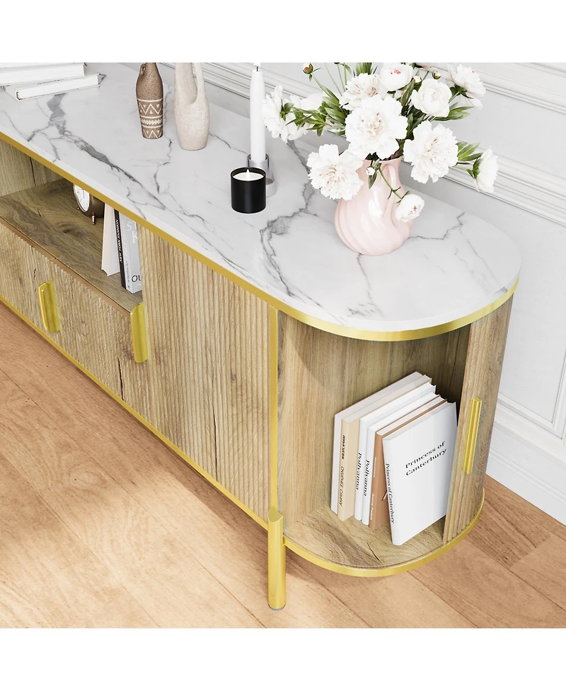 homfan Modern Luxury 70" Four-Door Tv Stand, Wave Design, Imitation Marble Top, Metal Accents, Adjustable Shelves