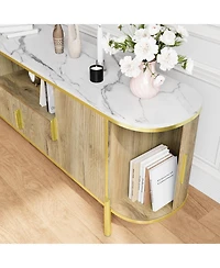 homfan Modern Luxury 70" Four-Door Tv Stand, Wave Design, Imitation Marble Top, Metal Accents, Adjustable Shelves