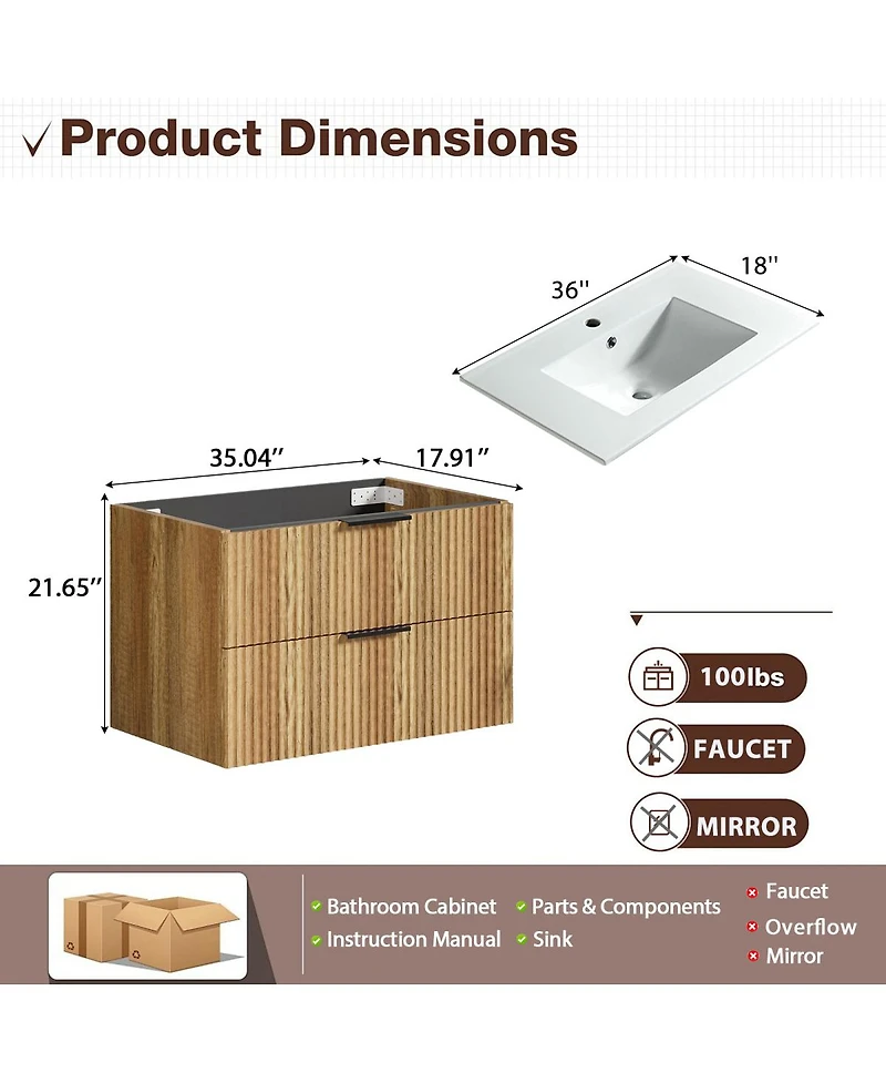 Sillysis Wall Mounted Bathroom Vanity with 3D Fluted Drawer, Integrated Ceramic Sink