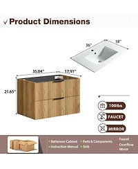 Sillysis Wall Mounted Bathroom Vanity with 3D Fluted Drawer, Integrated Ceramic Sink