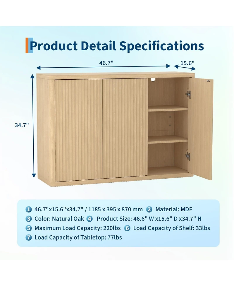 homfan 46.7 Inch Buffet Cabinet with 3 Fluted Doors, Adjustable Shelf, Media Console Table Credenza Sideboard and Coffee Bar Cabinet