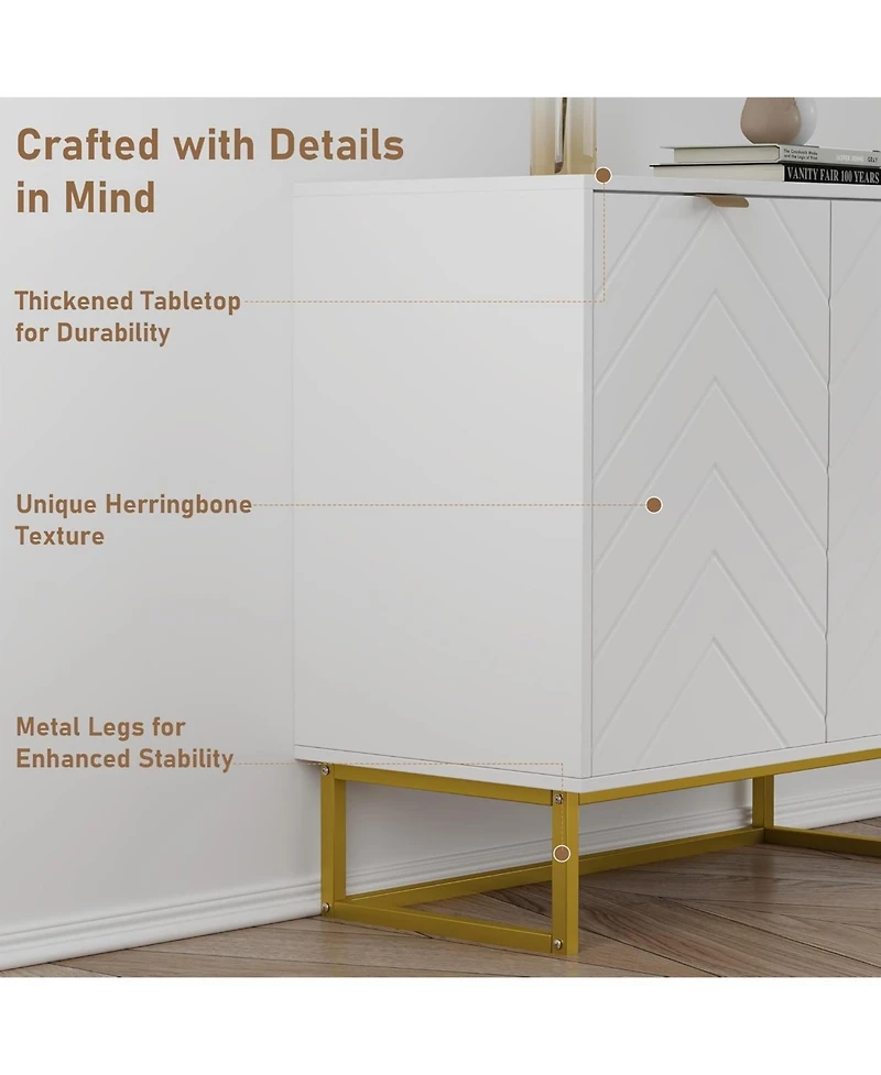 homfan Set of 2 Modern Sideboard Buffet Cabinet, Wood Accent Storage with Herringbone Doors and Shelves, Credenza Console Table